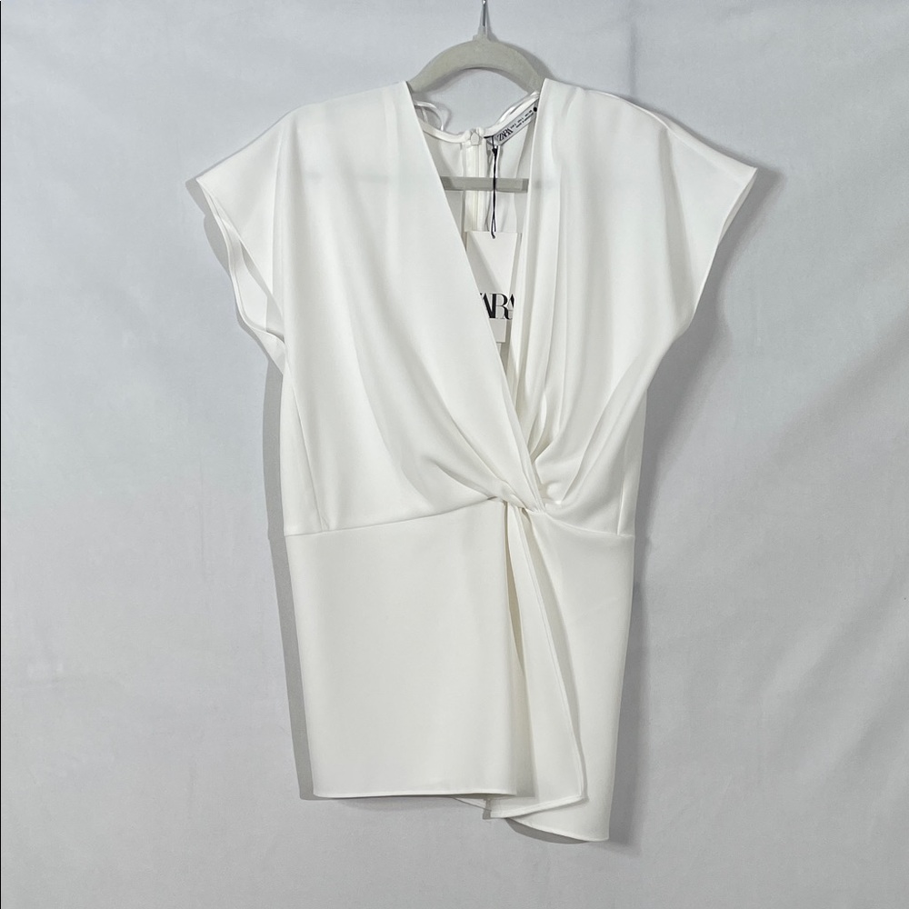 NWT Zara Top Blouse Size L White Faux Wrap Front & Peplum